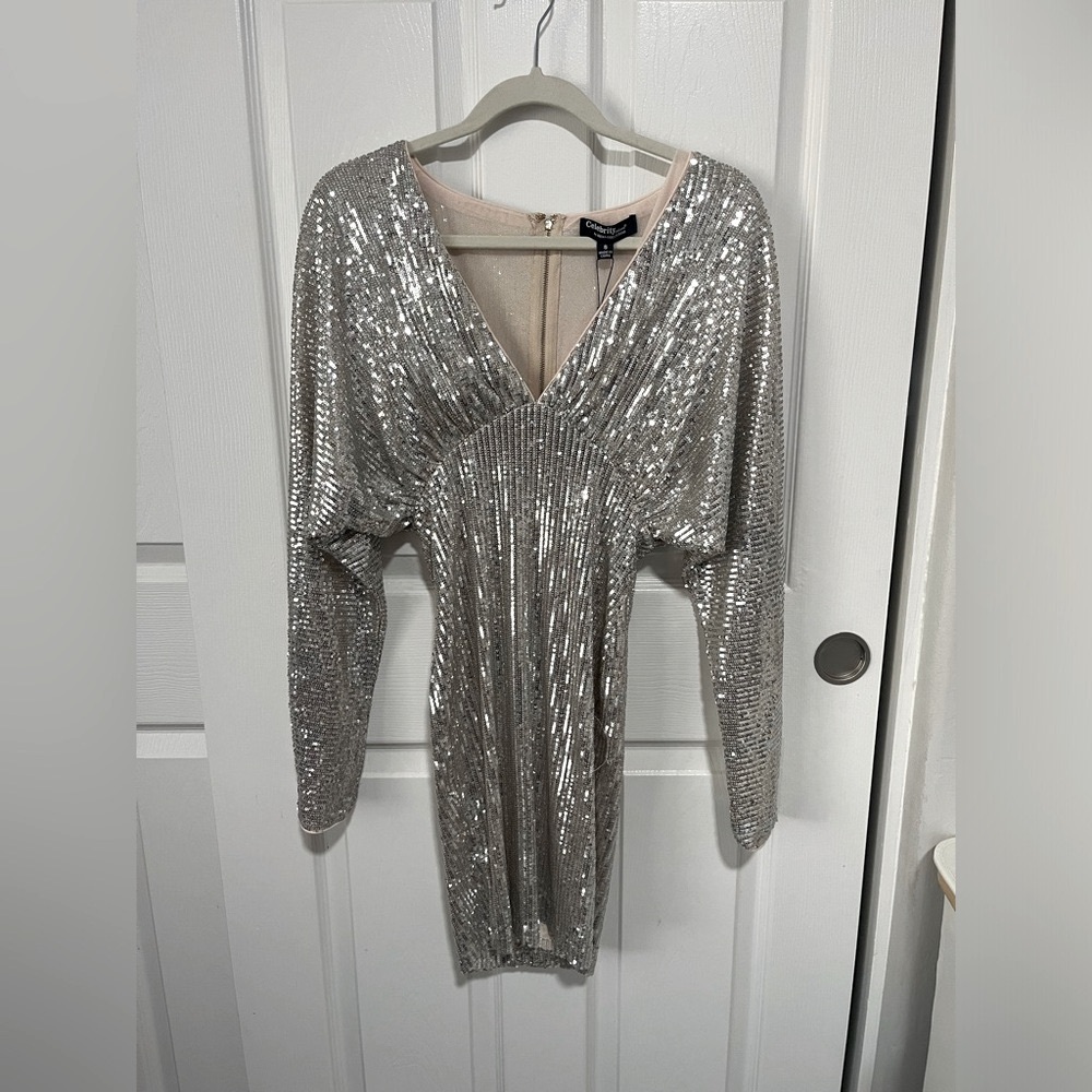Hera Collection Silver Sequin Plunge Mini Dress